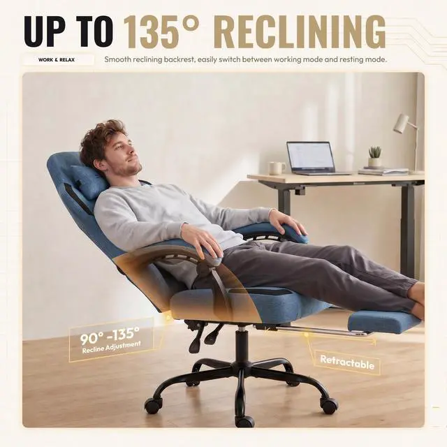 Alt view image 5 of 7 - Dowinx Ergonomic Gaming Chair,Reclining Computer Chair with Adjustable Footrest & Headrest,Office Chair with Breathable Fabric,Desk Chair with Wide Cushion,Blue