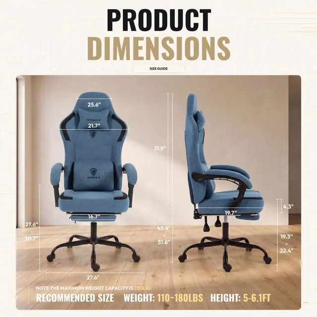 Alt view image 2 of 7 - Dowinx Ergonomic Gaming Chair,Reclining Computer Chair with Adjustable Footrest & Headrest,Office Chair with Breathable Fabric,Desk Chair with Wide Cushion,Blue