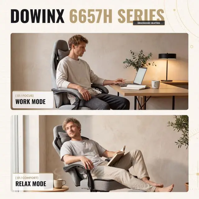 Alt view image 6 of 7 - Dowinx Ergonomic Gaming Chair,Reclining Computer Chair with Adjustable Footrest & Headrest,Office Chair with Breathable Fabric,Desk Chair with Wide Cushion,Gray