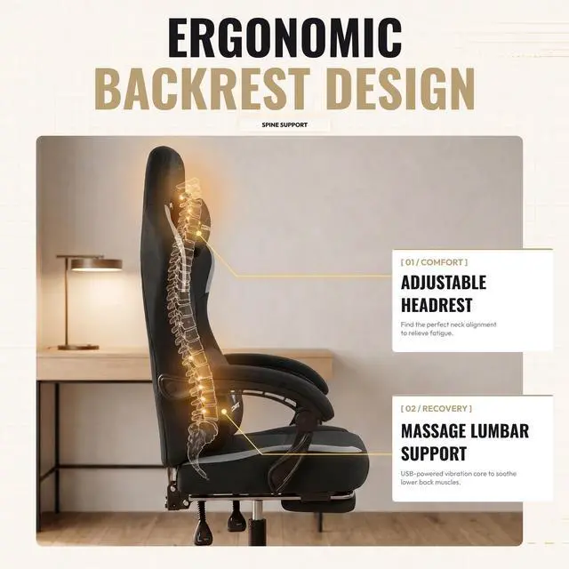Alt view image 4 of 7 - Dowinx Ergonomic Gaming Chair,Reclining Computer Chair with Adjustable Footrest & Headrest,Office Chair with Breathable Fabric,Desk Chair with Wide Cushion,Black