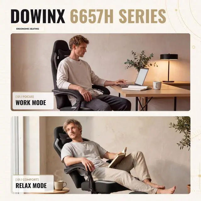 Alt view image 7 of 7 - Dowinx Ergonomic Gaming Chair,Reclining Computer Chair with Adjustable Footrest & Headrest,Office Chair with Breathable Fabric,Desk Chair with Wide Cushion,Black