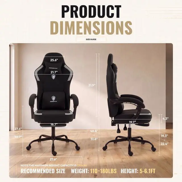 Alt view image 2 of 7 - Dowinx Ergonomic Gaming Chair,Reclining Computer Chair with Adjustable Footrest & Headrest,Office Chair with Breathable Fabric,Desk Chair with Wide Cushion,Black