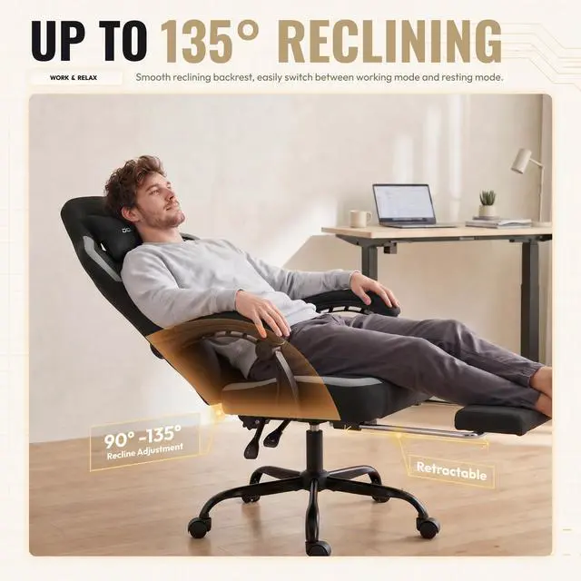 Alt view image 6 of 7 - Dowinx Ergonomic Gaming Chair,Reclining Computer Chair with Adjustable Footrest & Headrest,Office Chair with Breathable Fabric,Desk Chair with Wide Cushion,Black