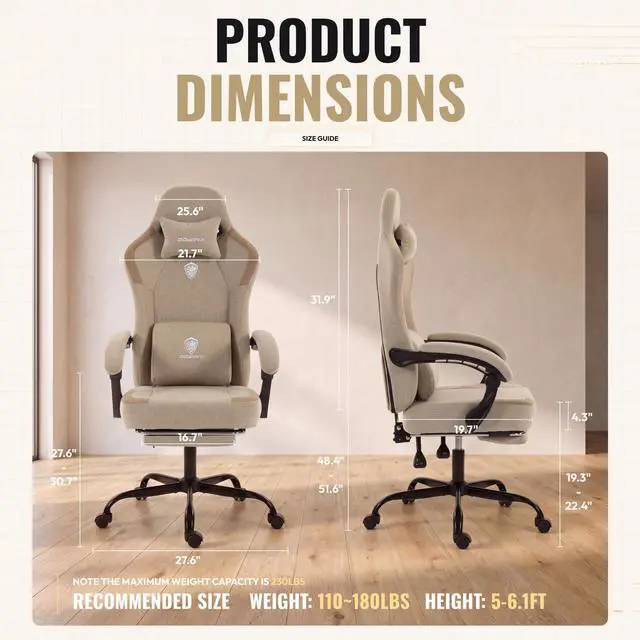 Alt view image 2 of 7 - Dowinx Ergonomic Gaming Chair,Reclining Computer Chair with Adjustable Footrest & Headrest,Office Chair with Breathable Fabric,Desk Chair with Wide Cushion,Beige