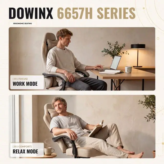Alt view image 7 of 7 - Dowinx Ergonomic Gaming Chair,Reclining Computer Chair with Adjustable Footrest & Headrest,Office Chair with Breathable Fabric,Desk Chair with Wide Cushion,Beige