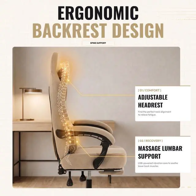 Alt view image 4 of 7 - Dowinx Ergonomic Gaming Chair,Reclining Computer Chair with Adjustable Footrest & Headrest,Office Chair with Breathable Fabric,Desk Chair with Wide Cushion,Beige