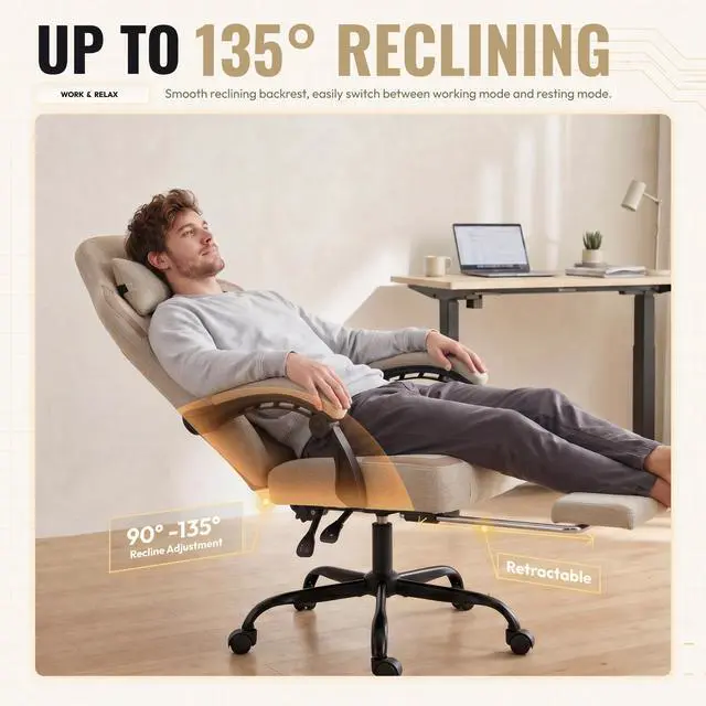 Alt view image 6 of 7 - Dowinx Ergonomic Gaming Chair,Reclining Computer Chair with Adjustable Footrest & Headrest,Office Chair with Breathable Fabric,Desk Chair with Wide Cushion,Beige