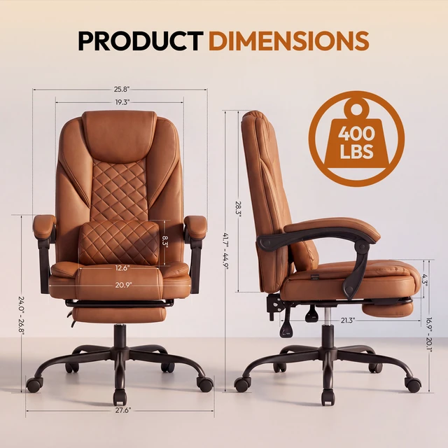 Alt view image 2 of 7 - Dowinx B61A Ergonomic PU Gaming Chair with Footrest, HighBack Office Chair with Integrated Headrest & Lumbar Support, 360° Swivel, Adjustable Height, 400 lbs,Brown