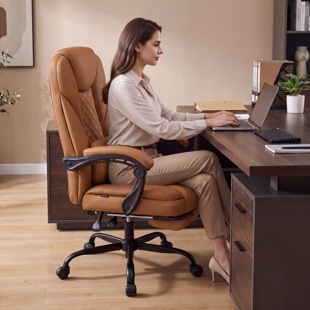 Alt view image 7 of 7 - Dowinx B61A Ergonomic PU Gaming Chair with Footrest, HighBack Office Chair with Integrated Headrest & Lumbar Support, 360° Swivel, Adjustable Height, 400 lbs,Brown