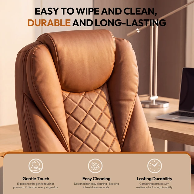 Alt view image 6 of 7 - Dowinx B61A Ergonomic PU Gaming Chair with Footrest, HighBack Office Chair with Integrated Headrest & Lumbar Support, 360° Swivel, Adjustable Height, 400 lbs,Brown