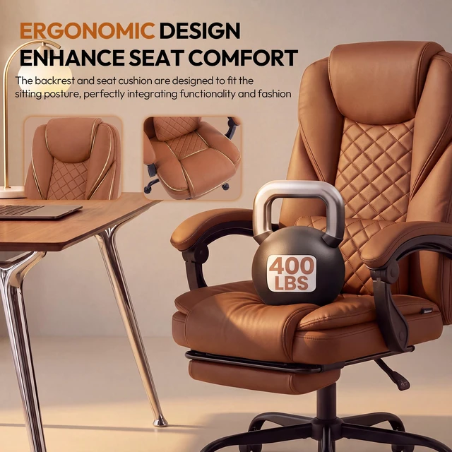 Alt view image 3 of 7 - Dowinx B61A Ergonomic PU Gaming Chair with Footrest, HighBack Office Chair with Integrated Headrest & Lumbar Support, 360° Swivel, Adjustable Height, 400 lbs,Brown