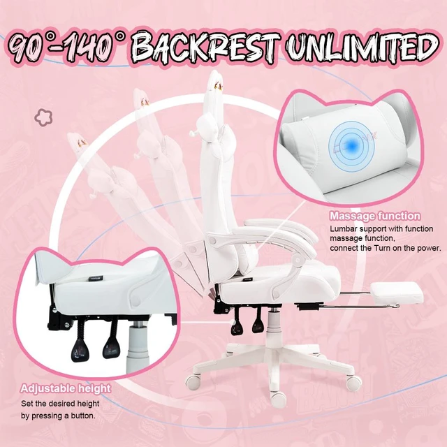Alt view image 5 of 7 - Dowinx Cute Cat-Ear Gaming Chair with Massaging Lumbar Support, Ergonomic Computer Gaming Chair for Girl and Adults, Reclining Comfort Game Chair with Footrest,White