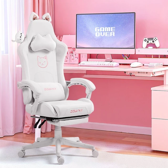 Main image of Dowinx Cute Cat-Ear Gaming Chair with Massaging Lumbar Support, Ergonomic Computer Gaming Chair for Girl and Adults, Reclining Comfort Game Chair with Footrest,White