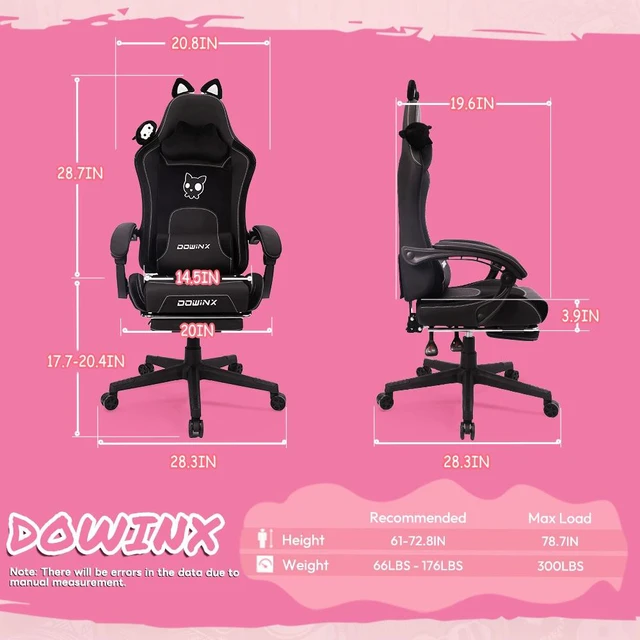 Alt view image 2 of 7 - Dowinx Cute Cat-Ear Gaming Chair with Massaging Lumbar Support, Ergonomic Computer Gaming Chair for Girl and Adults, Reclining Comfort Game Chair with Footrest,Black