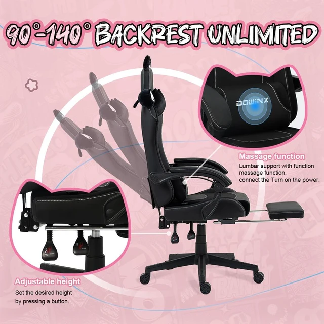 Alt view image 4 of 7 - Dowinx Cute Cat-Ear Gaming Chair with Massaging Lumbar Support, Ergonomic Computer Gaming Chair for Girl and Adults, Reclining Comfort Game Chair with Footrest,Black