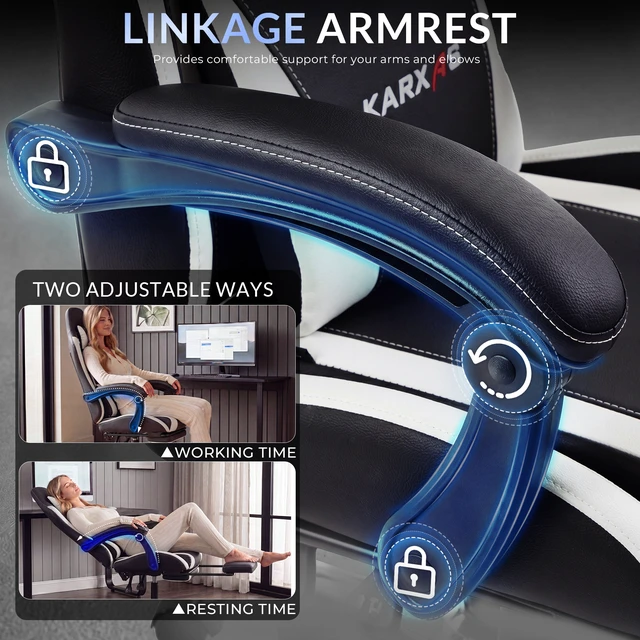 Alt view image 3 of 7 - Dowinx Ergonomic Gaming Chair, Reclining Office Chair with Lumbar Support, Adjustable Height & Headrest Pillow, 90°155° Adjustable Backrest, Comfortable for Streaming Long Gaming,Black White