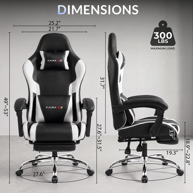 Alt view image 2 of 7 - Dowinx Ergonomic Gaming Chair, Reclining Office Chair with Lumbar Support, Adjustable Height & Headrest Pillow, 90°155° Adjustable Backrest, Comfortable for Streaming Long Gaming,Black White