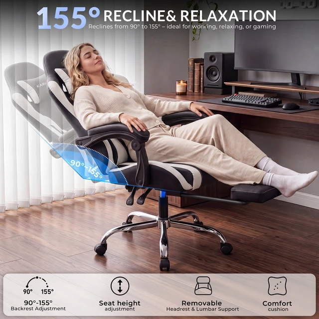 Alt view image 4 of 7 - Dowinx Ergonomic Gaming Chair, Reclining Office Chair with Lumbar Support, Adjustable Height & Headrest Pillow, 90°155° Adjustable Backrest, Comfortable for Streaming Long Gaming,Black White