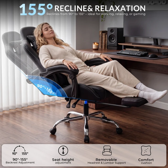 Alt view image 4 of 7 - Dowinx Ergonomic Gaming Chair, Reclining Office Chair with Lumbar Support, Adjustable Height & Headrest Pillow, 90°155° Adjustable Backrest, Comfortable for Streaming Long Gaming,Black