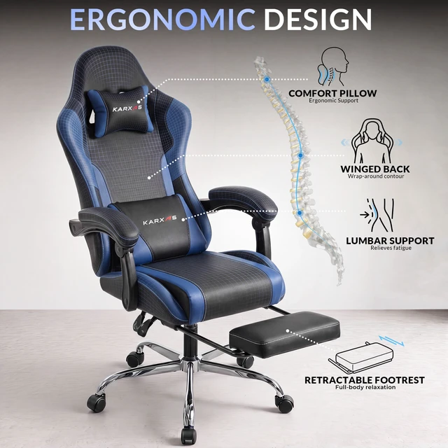 Alt view image 5 of 7 - Dowinx Ergonomic Gaming Chair, Reclining Office Chair with Lumbar Support, Adjustable Height & Headrest Pillow, 90°155° Adjustable Backrest, Comfortable for Streaming Long Gaming,Blue