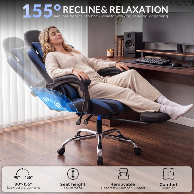 Alt view image 4 of 7 - Dowinx Ergonomic Gaming Chair, Reclining Office Chair with Lumbar Support, Adjustable Height & Headrest Pillow, 90°155° Adjustable Backrest, Comfortable for Streaming Long Gaming,Blue