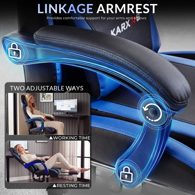 Alt view image 3 of 7 - Dowinx Ergonomic Gaming Chair, Reclining Office Chair with Lumbar Support, Adjustable Height & Headrest Pillow, 90°155° Adjustable Backrest, Comfortable for Streaming Long Gaming,Blue