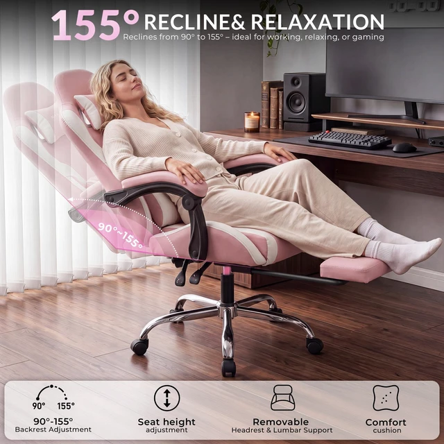 Alt view image 4 of 7 - Dowinx Ergonomic Gaming Chair, Reclining Office Chair with Lumbar Support, Adjustable Height & Headrest Pillow, 90°155° Adjustable Backrest, Comfortable for Streaming Long Gaming,Pink