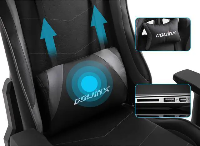 Alt view image 2 of 7 - Dowinx Gaming Chair Ergonomic Office Recliner for Computer with Massage Lumbar Support, Racing Style Armchair PU Leather E-Sports Gamer Chairs with Retractable Footrest (Black&Grey)