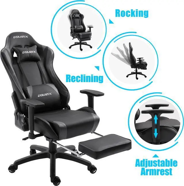 Alt view image 3 of 7 - Dowinx Gaming Chair Ergonomic Office Recliner for Computer with Massage Lumbar Support, Racing Style Armchair PU Leather E-Sports Gamer Chairs with Retractable Footrest (Black&Grey)