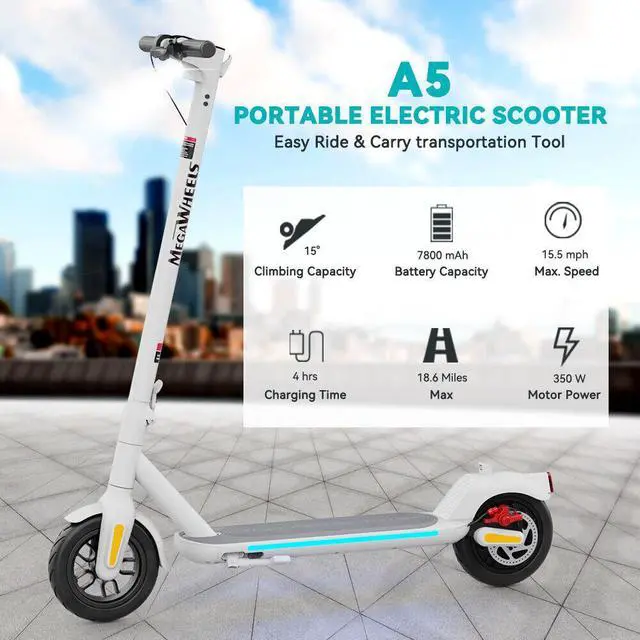Main image of MEGAWHEELS A5 Electric Scooter 9 inch Pneumatic Tubeless Tires, Max Speed 15.5MPH, Max 15.5 Miles, Foldable Electric Scooter for Adults in White