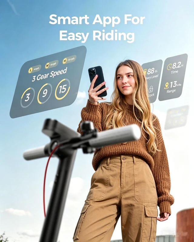 Alt view image 6 of 7 - Lightweight 8.5" A1A Foldable Electric Scooter with 300W Brushless Motor, 164.25Wh Battery, supports 15.5mph Max Speed, 3 Speed Modes, approx. 13-15 Miles Range and Smart APP Control Black Color