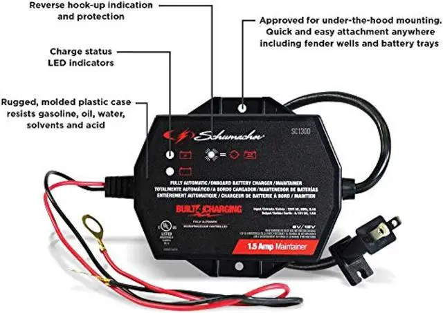 Alt view image 5 of 5 - Schumacher SC1300 1.5 Amp 6V/12V Fully Automatic Direct-Mount Onboard Under-the-Hood Smart Battery Charger/Maintainer and Battery Detection for Cars, Motorcycles, Lawn Tractors, Power Sports (SC1300)