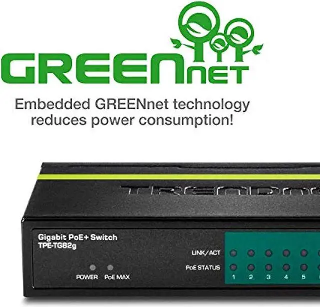 Alt view image 2 of 5 - TRENDnet 8-Port GREENnet Gigabit PoE+ Switch, TPE-TG82G, Supports PoE and PoE+ Devices, 61W PoE Budget, 16Gbps Switching Capacity, Data  and  Power via Ethernet to PoE Access Points  and   (TPE-TG82G)