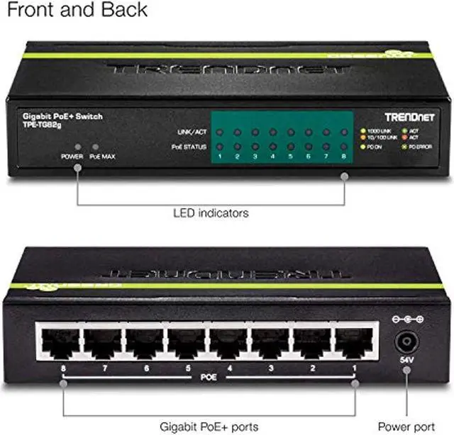 Alt view image 3 of 5 - TRENDnet 8-Port GREENnet Gigabit PoE+ Switch, TPE-TG82G, Supports PoE and PoE+ Devices, 61W PoE Budget, 16Gbps Switching Capacity, Data  and  Power via Ethernet to PoE Access Points  and   (TPE-TG82G)