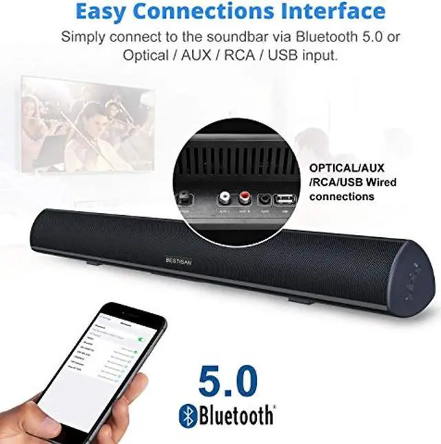 Alt view image 5 of 5 - 80 Watt Sound Bar, BESTISAN Sound Bars for TV of Home Theater System (Bluetooth 5.0, 34 inch, DSP, Strong Bass, Wireless Wired Connections, Bass Adjustable, Wall Mountable) (8541738406)