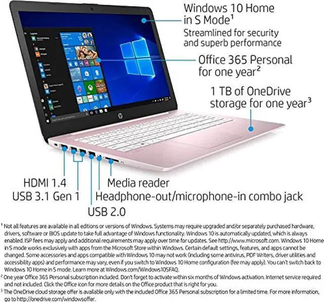 Alt view image 2 of 5 - 2021 HP Stream 14" HD Thin and Light Laptop, Intel Celeron N4000 Processor, 4GB RAM, 64GB eMMC, HDMI, Webcam, WiFi, Bluetooth, 1 Year Office 365, Windows 10 S, Rose Pink