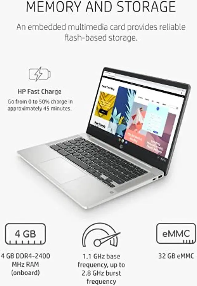 Alt view image 3 of 7 - HP Chromebook 14 Laptop, Intel Celeron N4020, 4 GB RAM, 32 GB eMMC, 14? HD Micro-Edge Display, Chrome OS, Thin  and  Portable, 4K Graphics, Backlit Ash Gray Keyboard (14a-na0024nr, 2021 (14a-na0024nr)