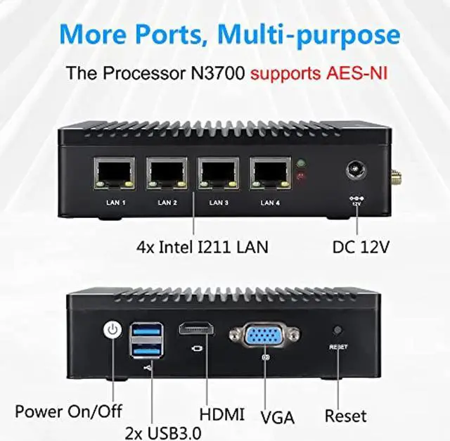 Alt view image 3 of 5 - Vnopn Fanless Mini PC 4 Intel NIC Gigabit Ports, Micro Network Firewall Appliance/Gateway Soft Router Mini Computer Intel N3700 Quad Core, Support AES-NI, 8GB DDR3, 128GB mSATA SSD (K9-F12)