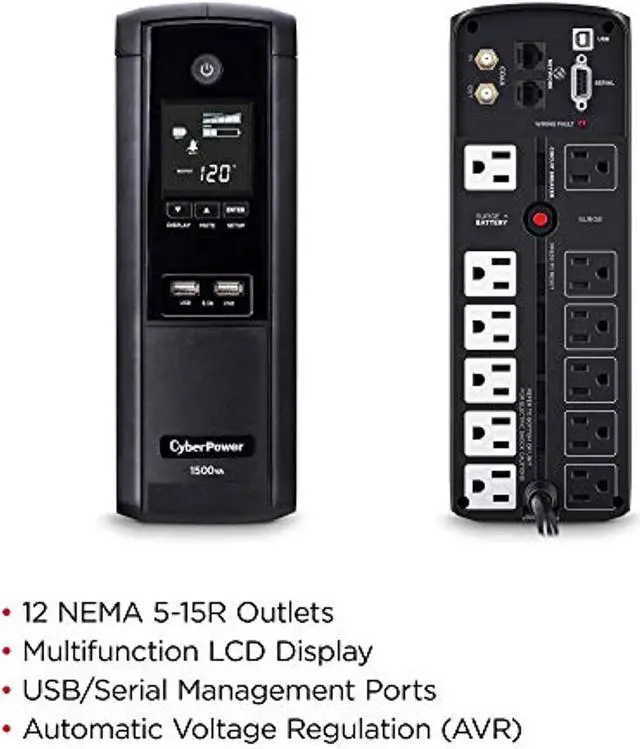 Alt view image 4 of 5 - CyberPower BRG1500AVRLCD Intelligent LCD UPS System, 1500VA/900W, 12 Outlets, AVR, Mini-Tower, 5-Year Warranty (BRG1500AVRLCD)