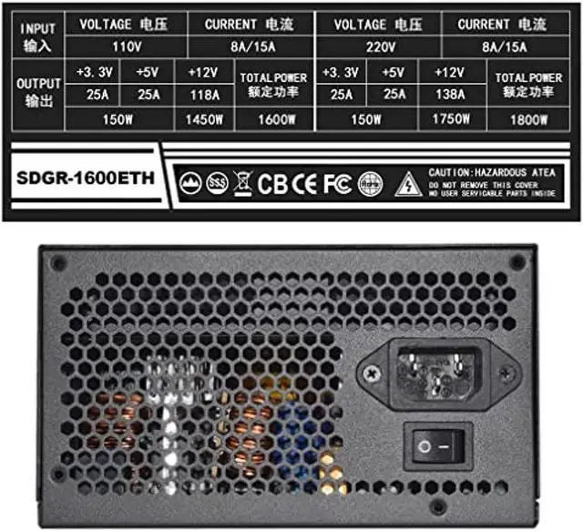 Alt view image 5 of 5 - Professional ATX Mining Power Supply Support 6 GPU for ETH Bitcoin Ethereum Miner PSU,Input Voltage 110V, Output 1600W; Input Voltage 220W, Output 1800W.