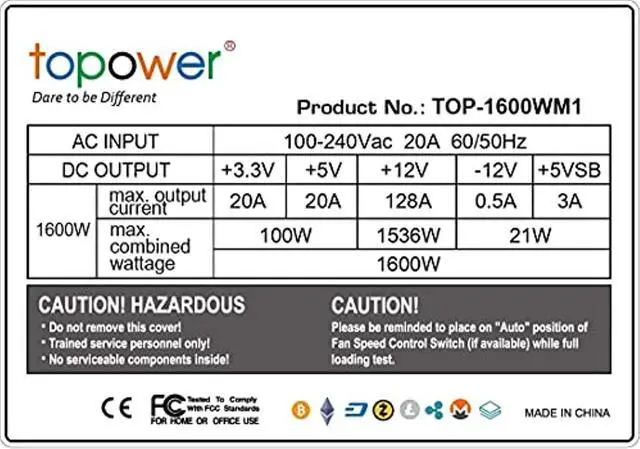 Alt view image 5 of 5 - Topower 1600W GPU Mining Power Supply for BTC/BCH/ETC/ETH/LTC/XMR/XRP/ZEC etc Crypto Coin Mining Miner, Support 8 Graphics Card for ATX Mining Rig, AC Input 90-240V (TOP-1600WM1) (TOP-1600WM1)