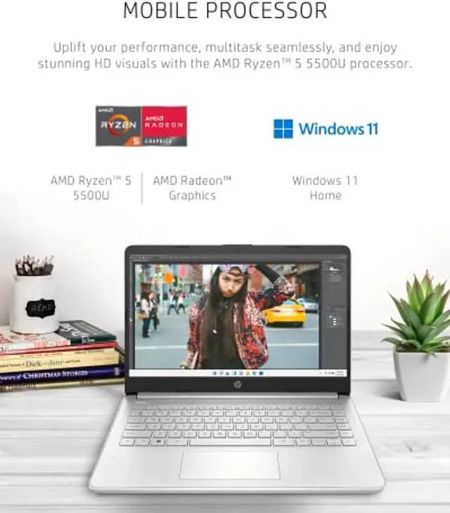 Alt view image 2 of 5 - HP 14 Laptop, AMD Ryzen 5 5500U, 8 GB RAM, 256 GB SSD Storage, 14-inch Full HD Display, Windows 11 Home, Thin  and  Portable, Micro-Edge  and  Anti-Glare Screen, Long Battery Life (14 (14-fq1025nr-cr)