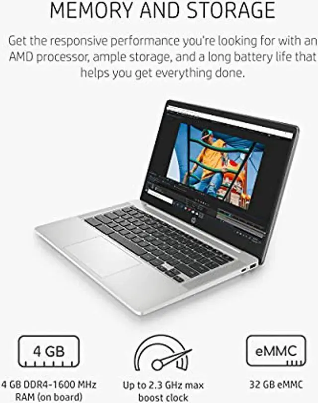 Alt view image 3 of 5 - HP Chromebook 14a Laptop, AMD 3015Ce Processor, 4 GB RAM, 32 GB eMMC Storage, 14-inch Micro-Edge HD Display, Google Chrome OS, Anti-glare Screen, Long-Battery Life (14a-nd0010nr, 2021,  (14a-nd0010nr)