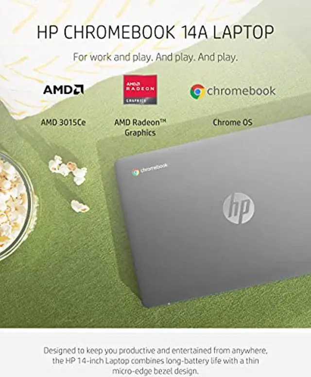 Alt view image 2 of 5 - HP Chromebook 14a Laptop, AMD 3015Ce Processor, 4 GB RAM, 32 GB eMMC Storage, 14-inch Micro-Edge HD Display, Google Chrome OS, Anti-glare Screen, Long-Battery Life (14a-nd0010nr, 2021,  (14a-nd0010nr)