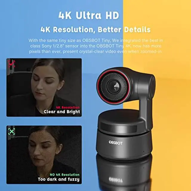 Alt view image 4 of 5 - Obsbot Tiny 4K PTZ Webcam, AI-Powered AI-Tracking Auto-Framing Gesture Control HDR 4K Webcam with Dual Omni-Directional Mic 4X Zoom in/Out for Video Meeting Remote Class Live Streaming (Tiny4K)