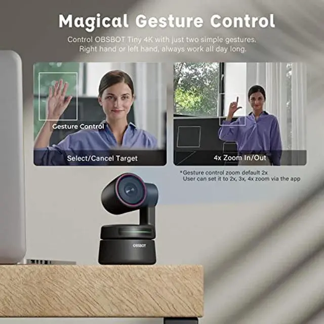 Alt view image 5 of 5 - Obsbot Tiny 4K PTZ Webcam, AI-Powered AI-Tracking Auto-Framing Gesture Control HDR 4K Webcam with Dual Omni-Directional Mic 4X Zoom in/Out for Video Meeting Remote Class Live Streaming (Tiny4K)