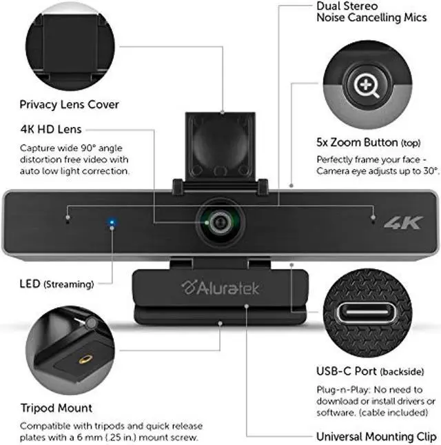 Alt view image 5 of 5 - Aluratek HD 1080P Video Webcam for PC, MAC, Desktop  and  Laptop, Video Call, Conference, USB (AWC4KF)
