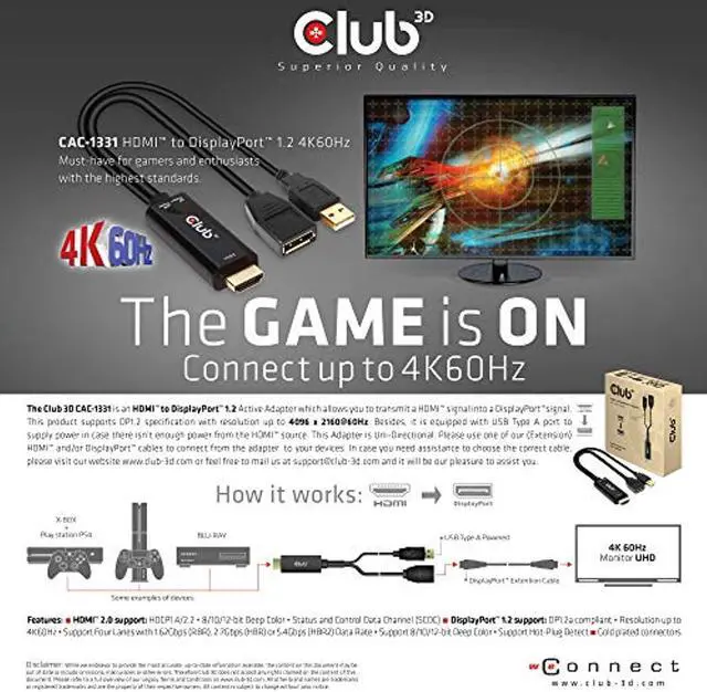 Alt view image 3 of 5 - Club 3D 4K 60Hz HDMI to DisplayPort Video Adapter w/USB Power - HDMI 2.0 (Male) to DP 1.2 (Female) Active Monitor Converter (CAC-1331) (CAC-1331)