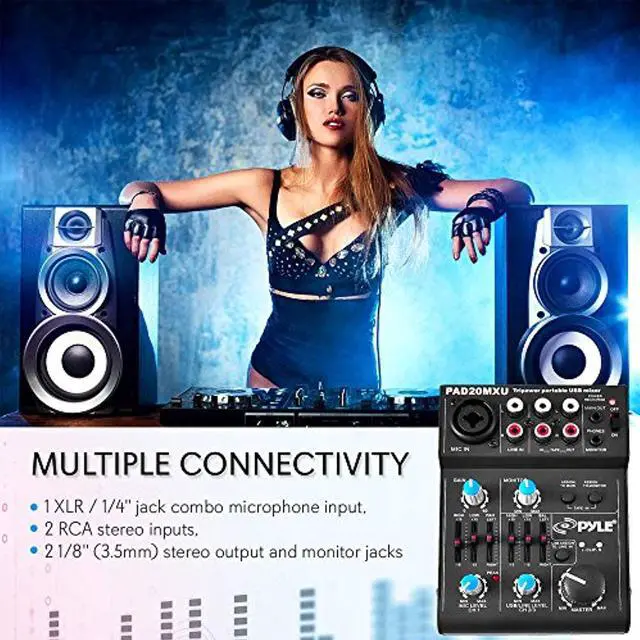 Alt view image 4 of 5 - 5 Channel Audio Mixer - DJ Sound Controller Interface with USB Soundcard for PC Recording, XLR 3.5mm Microphone Jack, 18V Power, RCA Input and Output for Professional and Beginners - Pyle P (PAD20MXU)