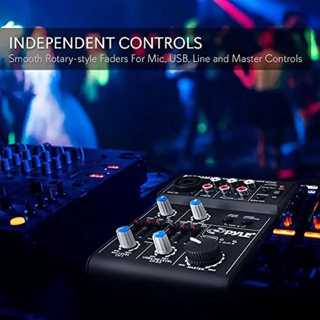 Alt view image 5 of 5 - 5 Channel Audio Mixer - DJ Sound Controller Interface with USB Soundcard for PC Recording, XLR 3.5mm Microphone Jack, 18V Power, RCA Input and Output for Professional and Beginners - Pyle P (PAD20MXU)